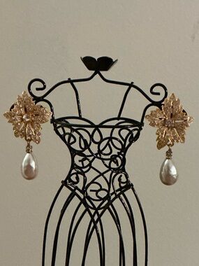 Escada Gold Floral Pearl Drop Earrings with Crystal Accents